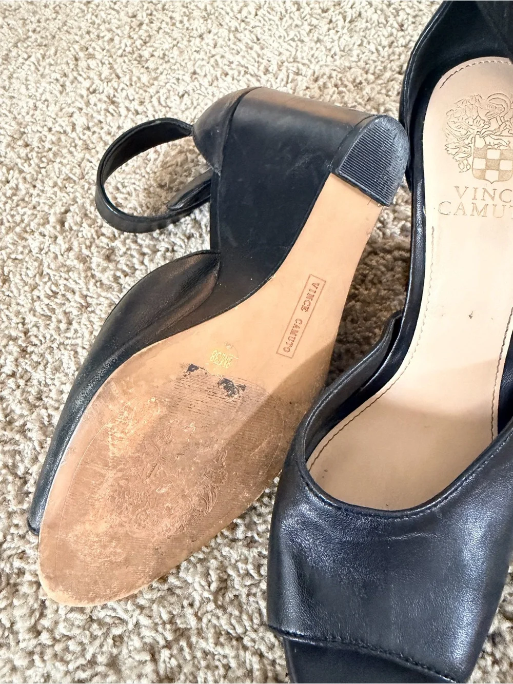 Vince Camuto Black Leather Peep-Toe Ankle-Strap Heels